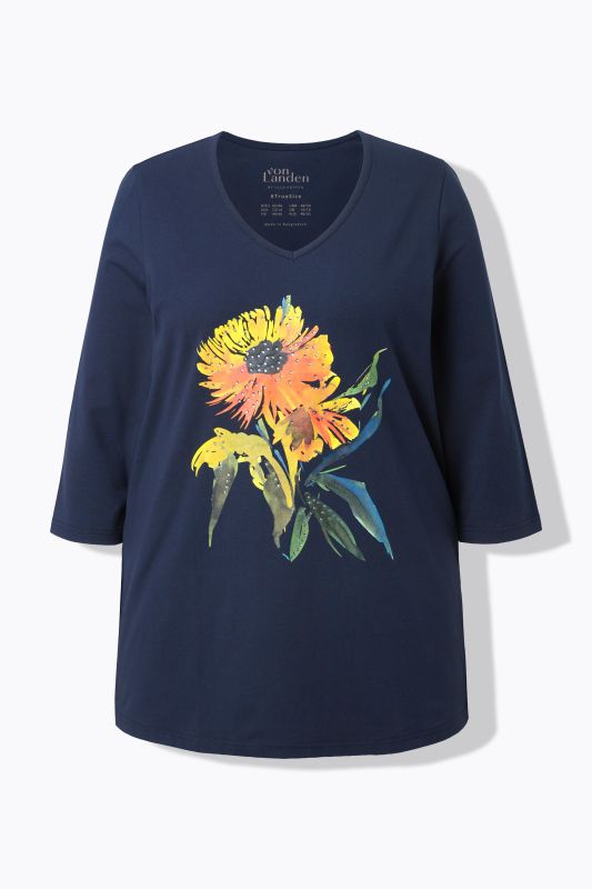 T-shirt avec motif soleil, décolleté en V et manches 3/4, coupe évasée