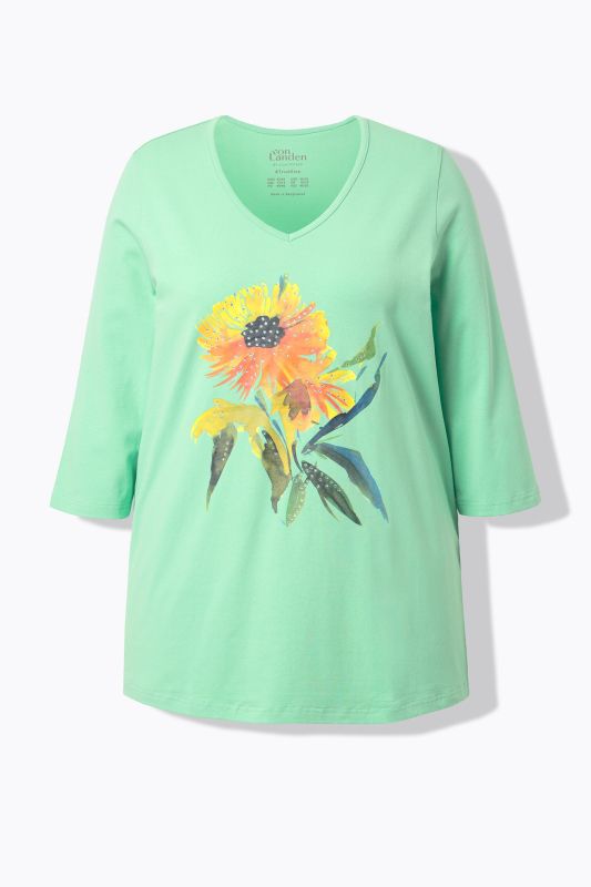 T-shirt avec motif soleil, décolleté en V et manches 3/4, coupe évasée