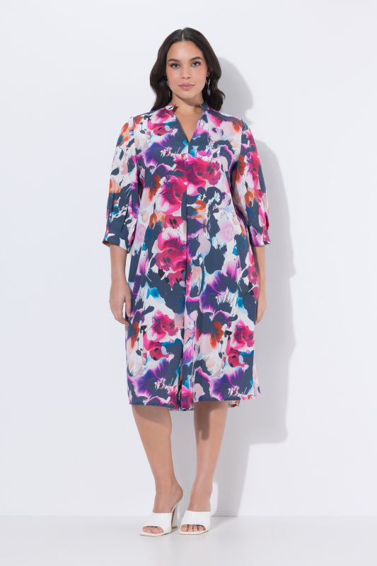 Robe midi en Lyocell esprit aquarelle, décolleté en V et manches 3/4, coupe évasée