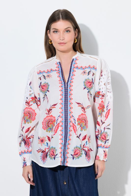 Chemisier avec broderie ajourée, décolleté en V et manches courtes