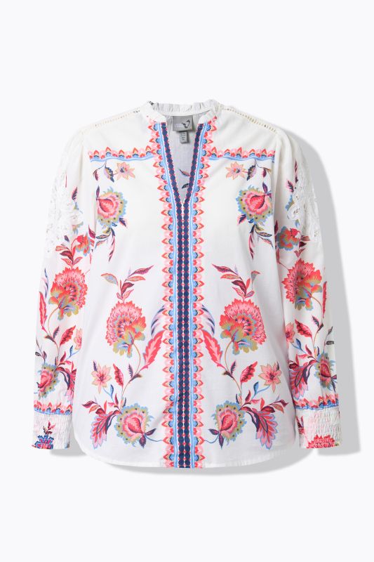 Chemisier avec broderie ajourée, décolleté en V et manches courtes