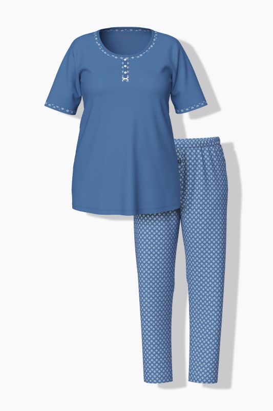 Pyjama 2 pièces avec motif, T-shirt décolleté rond et manches courtes + pantalon avec poches