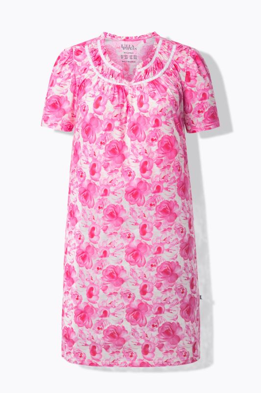 Chemise de nuit motif rose, décolleté rond et manches courtes