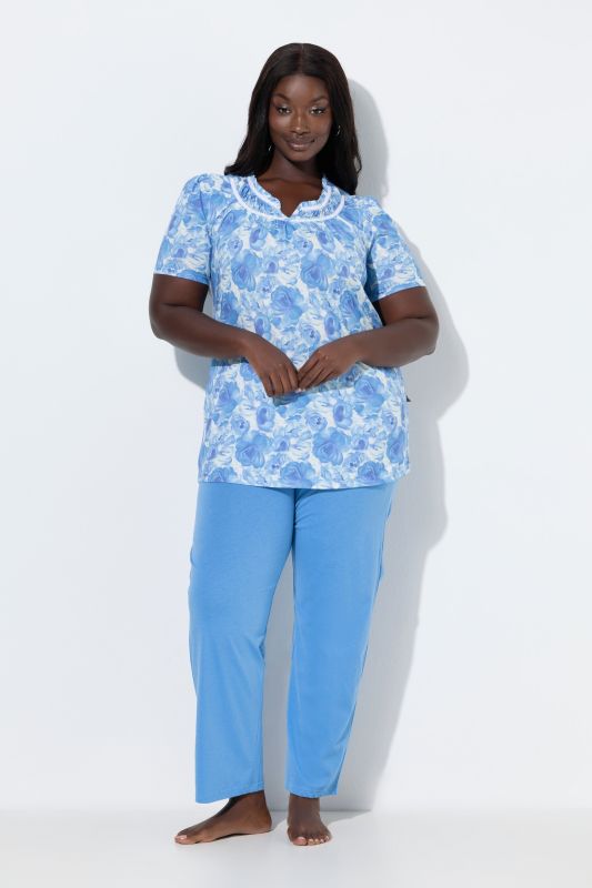 Pyjama 2 pièces, T-shirt motif roses, décolleté rond, manches courtes et dentelle + pantalon uni