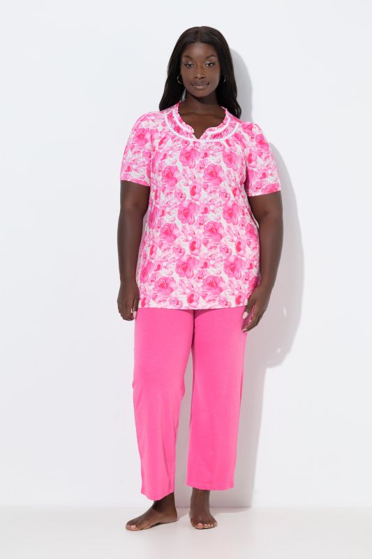 Pyjama 2 pièces, T-shirt motif roses, décolleté rond, manches courtes et dentelle + pantalon uni