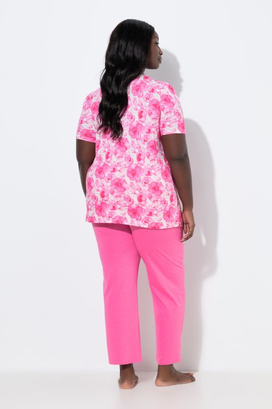 Pyjama 2 pièces, T-shirt motif roses, décolleté rond, manches courtes et dentelle + pantalon uni