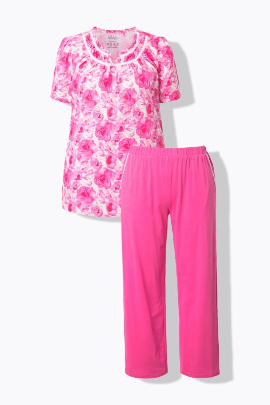 Pyjama 2 pièces, T-shirt motif roses, décolleté rond, manches courtes et dentelle + pantalon uni