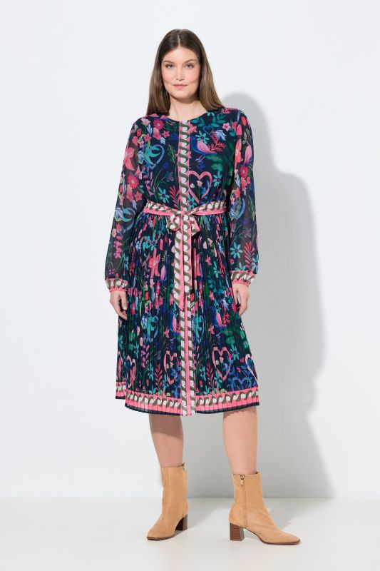 Robe midi décolleté rond et manches longues, jupe plissée, coupe évasée