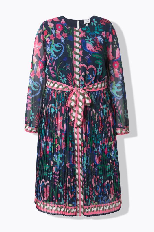 Robe midi décolleté rond et manches longues, jupe plissée, coupe évasée