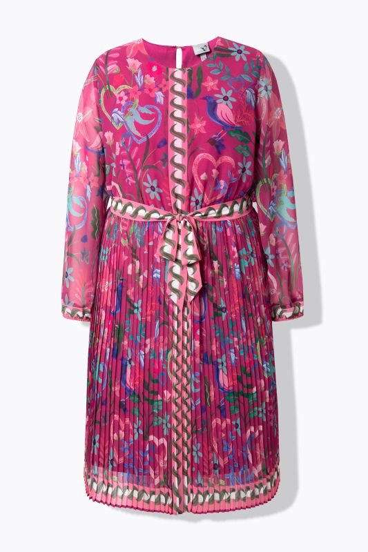 Robe midi décolleté rond et manches longues, jupe plissée, coupe évasée