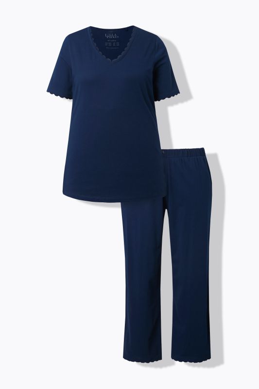 Pyjama 2 pièces en coton bio, T-shirt manches courtes et décolleté en V, liserés en dentelle