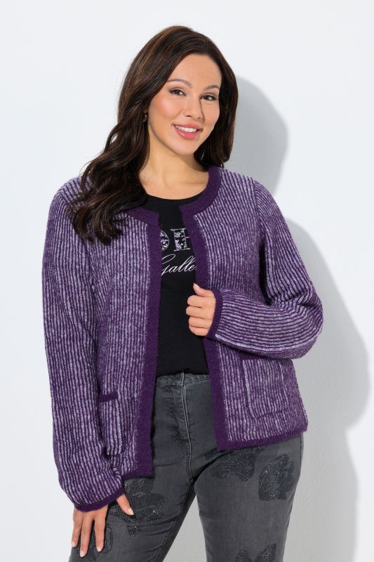 Cardigan maille côtelée à rayures, col rond et manches longues