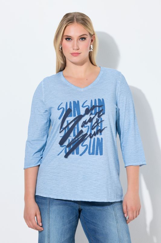 T-shirt avec message, coupe Classic Fit, décolleté en V et manches 3/4