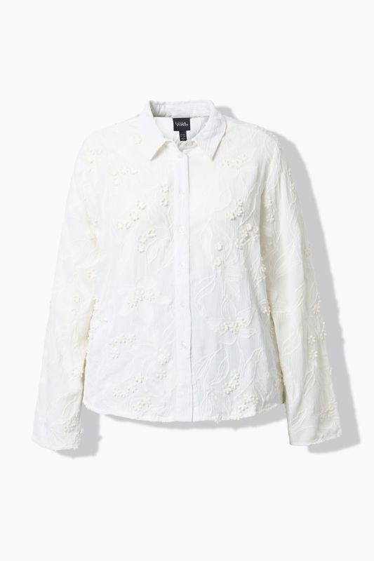 Chemisier avec fleurs brodées, col chemise et manches longues, coupe évasée