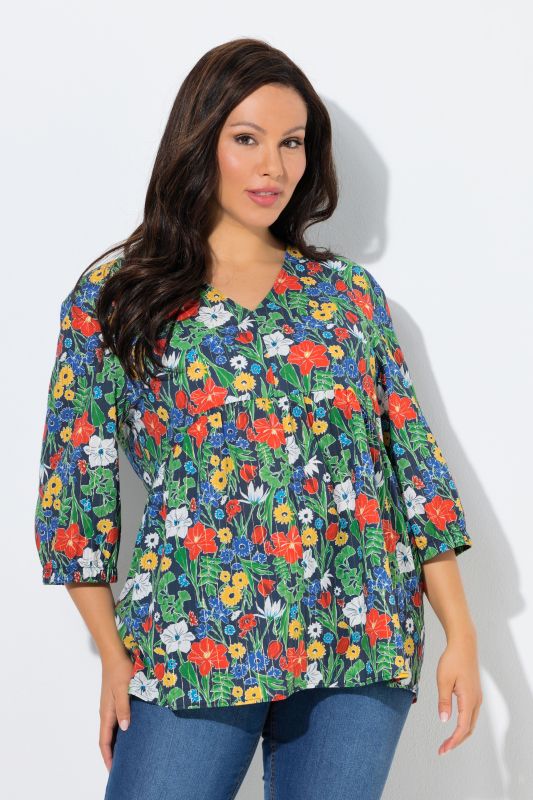 Blouse motif à fleurs, rayures scintillantes, décolleté en V et manches 3/4, coupe évasée