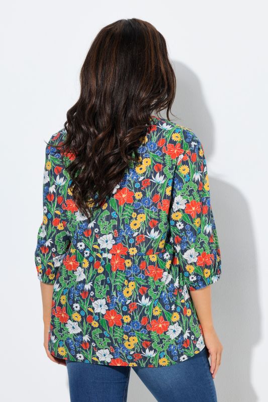 Blouse motif à fleurs, rayures scintillantes, décolleté en V et manches 3/4, coupe évasée