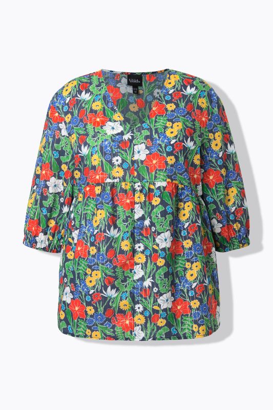 Blouse motif à fleurs, rayures scintillantes, décolleté en V et manches 3/4, coupe évasée
