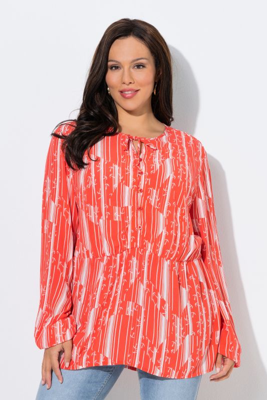 Blouse motif ancres, col rond et manches longues, coupe évasée