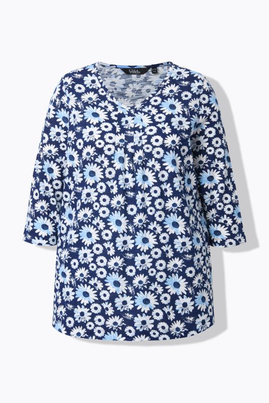 T-shirt motif floral, décolleté en V avec fantaisie et manches 3/4, coupe évasée