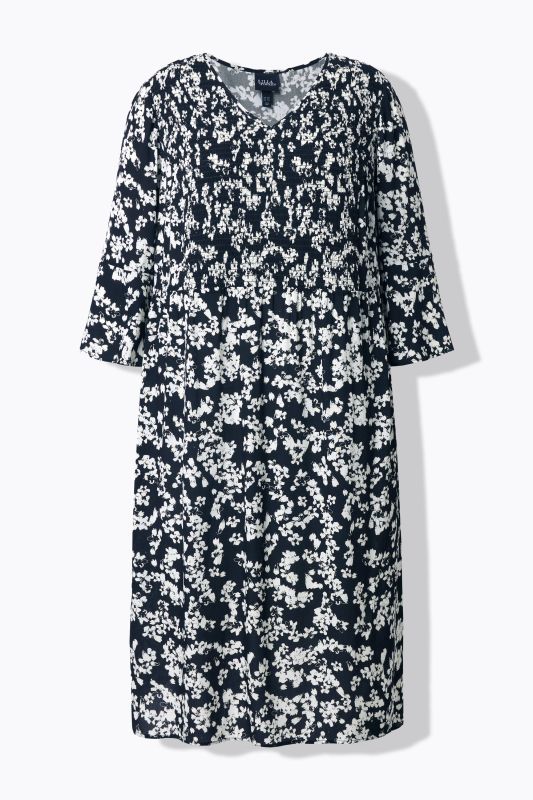 Robe midi, décolleté en V et manches 3/4, motif à fleurs, coupe évasée