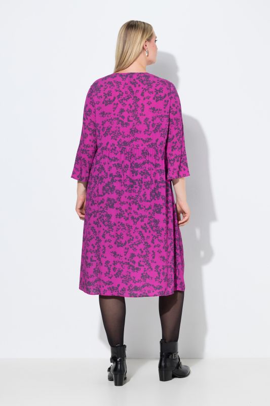 Robe midi, décolleté en V et manches 3/4, motif à fleurs, coupe évasée