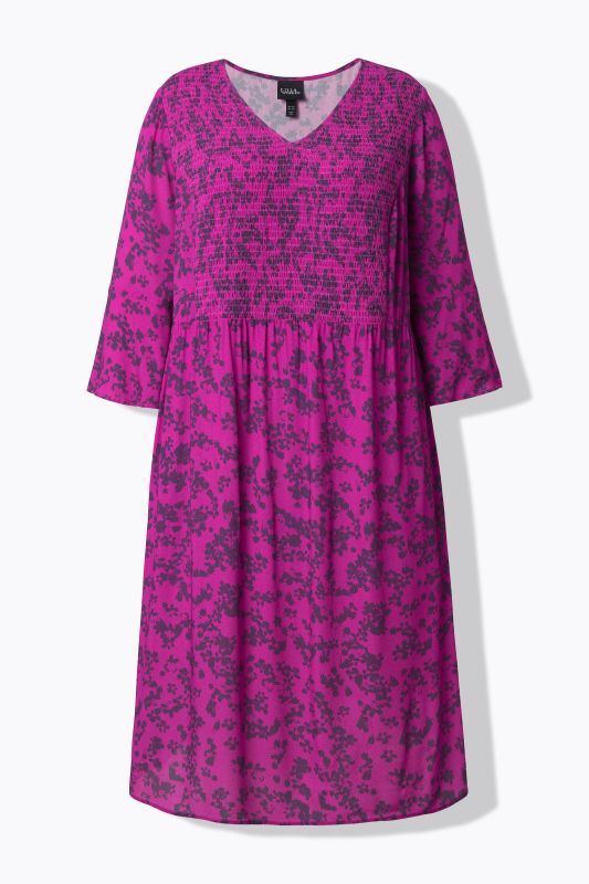 Robe midi, décolleté en V et manches 3/4, motif à fleurs, coupe évasée