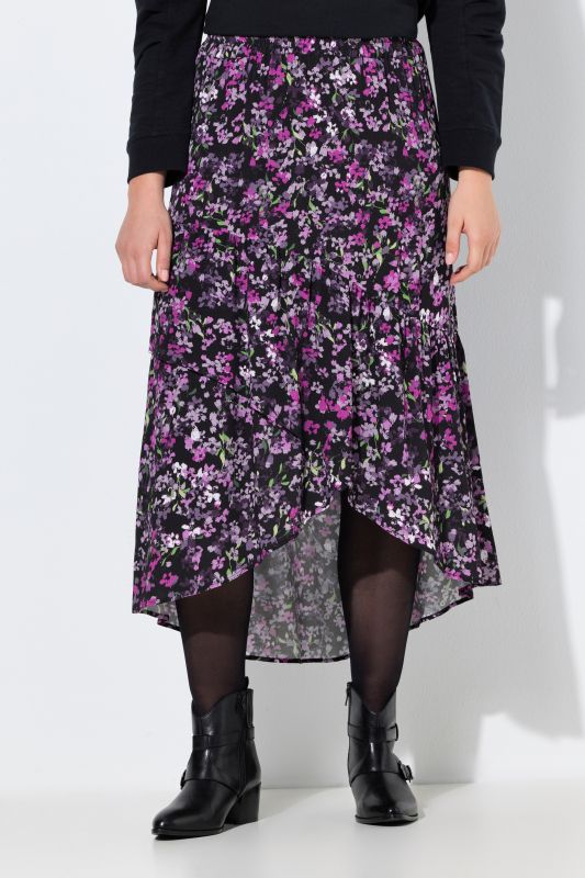 Jupe midi motif à fleurs, base asymétrique, taille élastique et coupe évasée