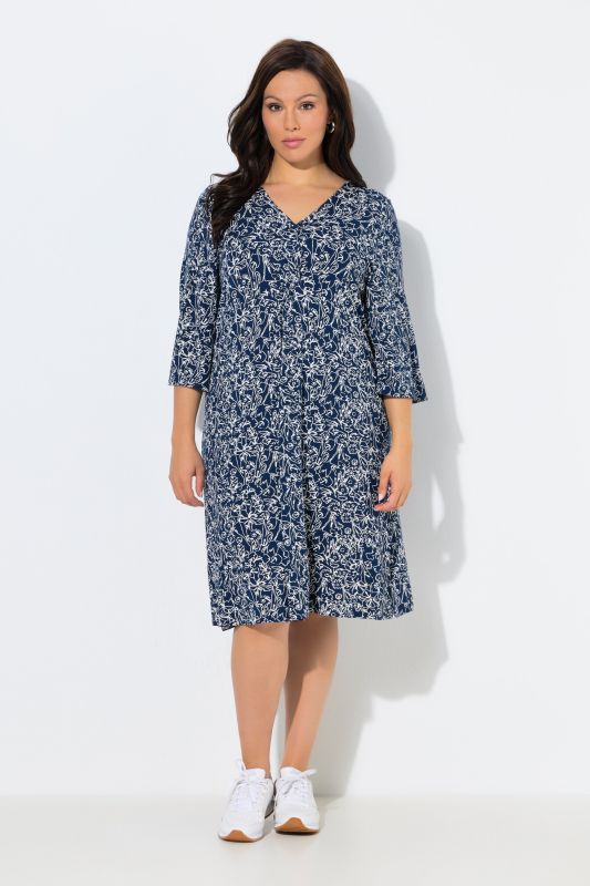 Robe en jersey à fronces, coupe évasée, décolleté en V et manches 3/4