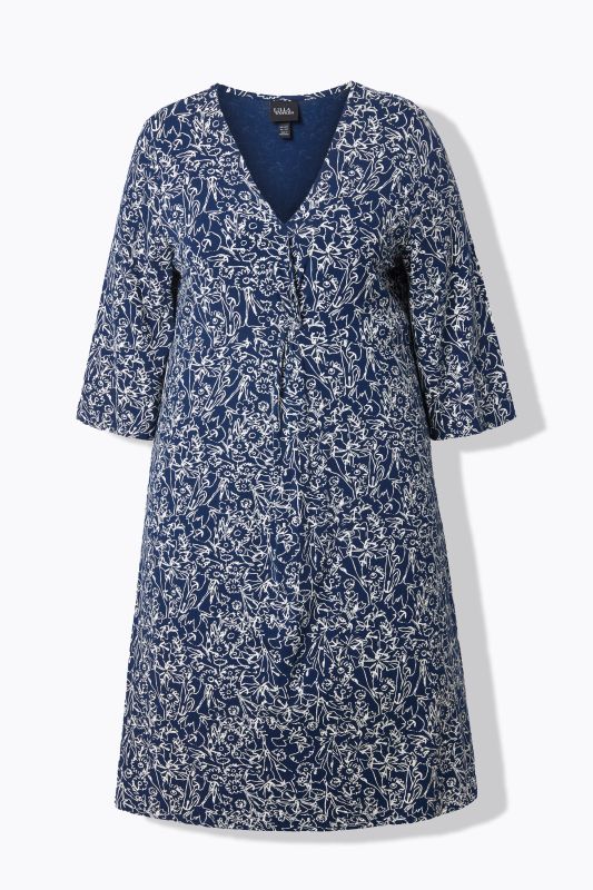 Robe en jersey à fronces, coupe évasée, décolleté en V et manches 3/4