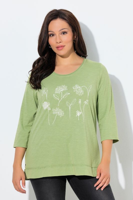 T-shirt motif à fleurs, coupe Classic Fit, col rond et manches 3/4