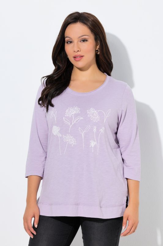 T-shirt motif à fleurs, coupe Classic Fit, col rond et manches 3/4