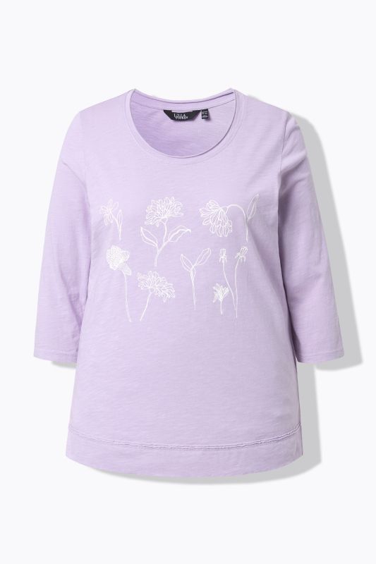 T-shirt motif à fleurs, coupe Classic Fit, col rond et manches 3/4