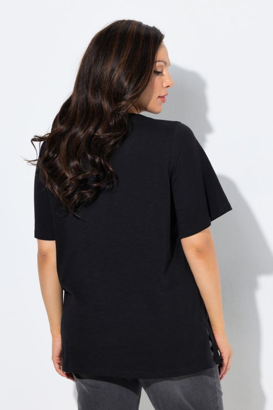 T-shirt avec message, col rond et manches courtes cloche, coupe évasée