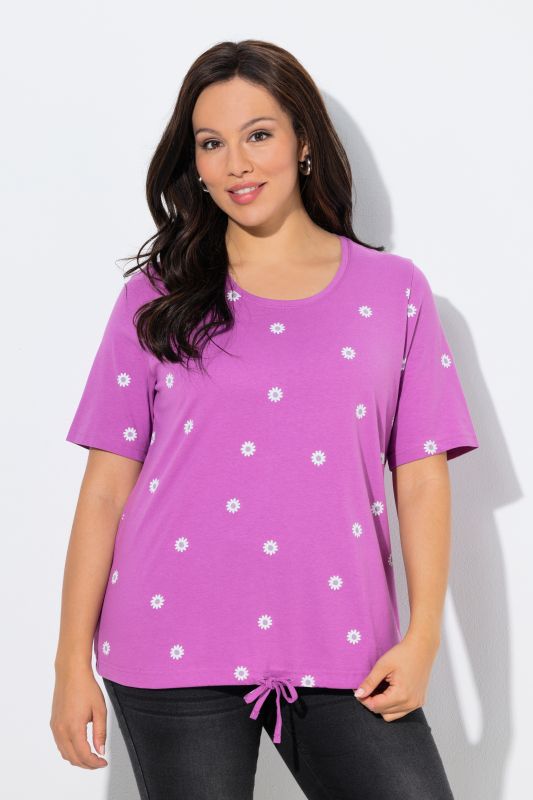 T-shirt à fleurs, cordon sous tunnel, col rond et manches courtes, coupe Classic Fit