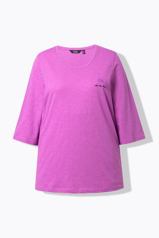 T-shirt motif fleur, coupe Classic Fit, col rond et manches 3/4 cloche