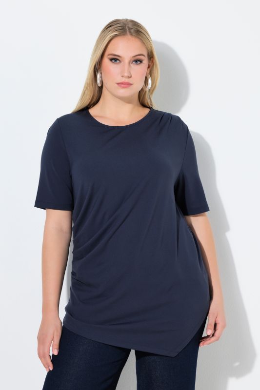 T-shirt drapé, base asymétrique, col rond et manches courtes