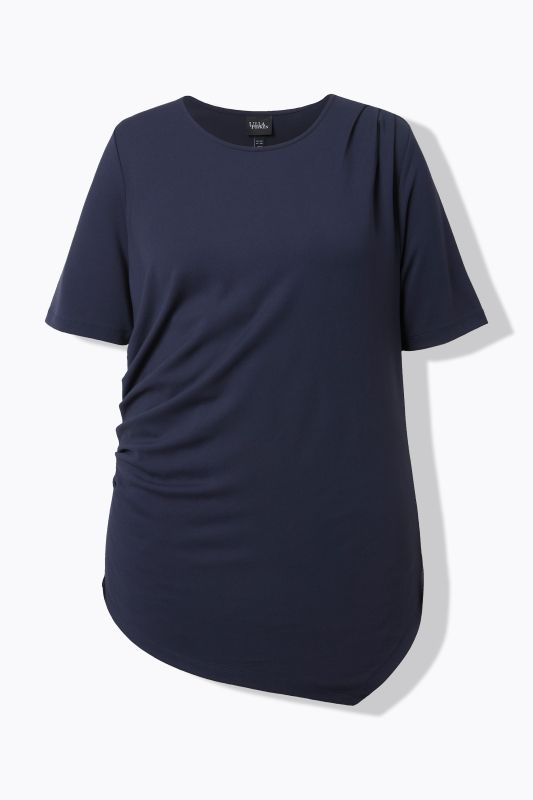 T-shirt drapé, base asymétrique, col rond et manches courtes