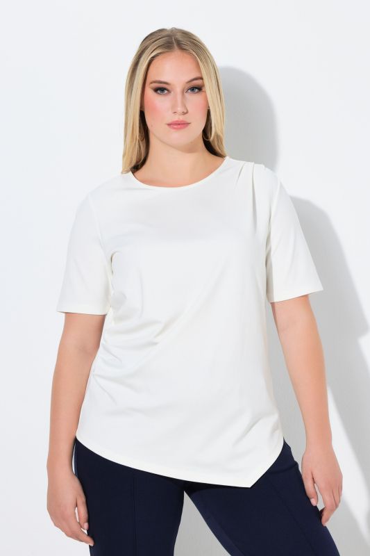 T-shirt drapé, base asymétrique, col rond et manches courtes