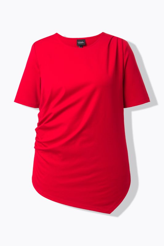 T-shirt drapé, base asymétrique, col rond et manches courtes