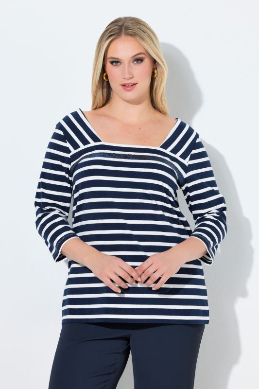 T-shirt rayé avec sequins, encolure carrée et manches 3/4