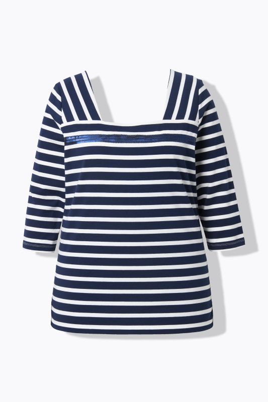 T-shirt rayé avec sequins, encolure carrée et manches 3/4