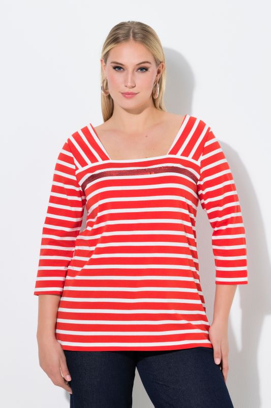 T-shirt rayé avec sequins, encolure carrée et manches 3/4