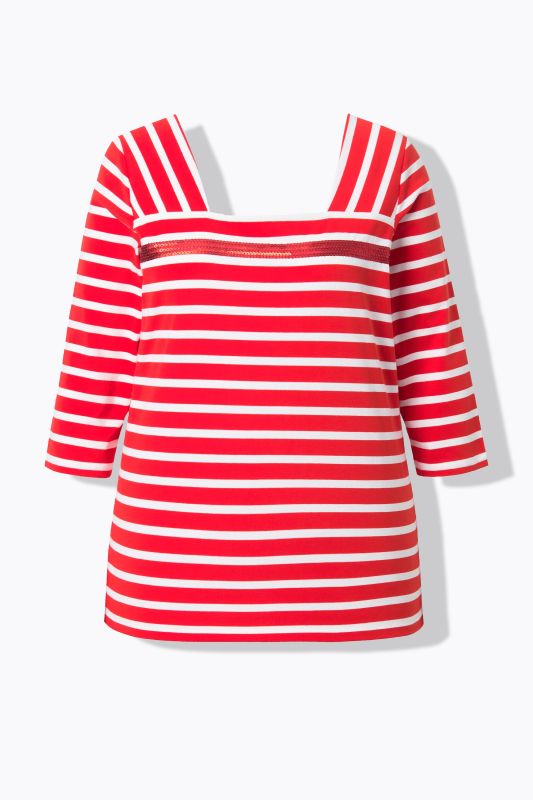 T-shirt rayé avec sequins, encolure carrée et manches 3/4