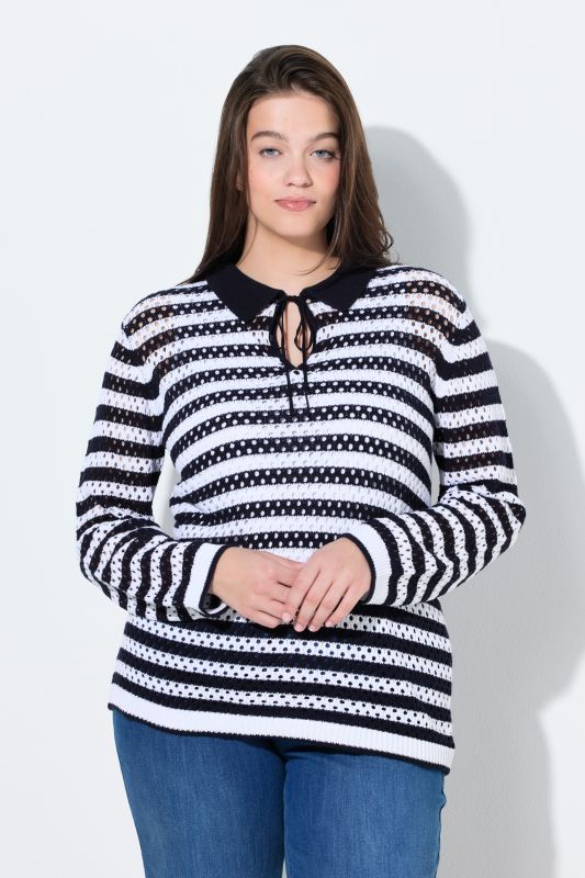 Pull esprit polo en coton bio, maille ajourée et motif à rayures, manches longues