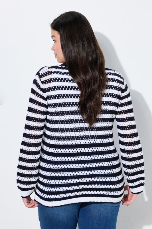 Pull esprit polo en coton bio, maille ajourée et motif à rayures, manches longues