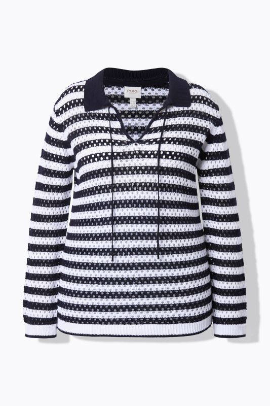 Pull esprit polo en coton bio, maille ajourée et motif à rayures, manches longues