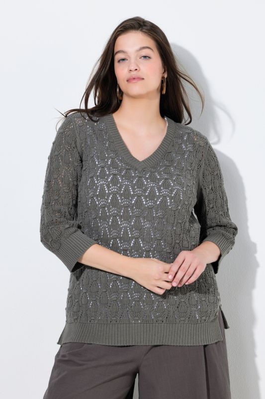 Pull en coton bio, maille épaisse avec motif, col en V et manches 3/4