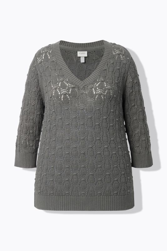 Pull en coton bio, maille épaisse avec motif, col en V et manches 3/4