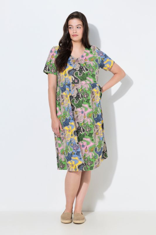 Robe midi à fleurs en coton bio, décolleté rond et manches courtes