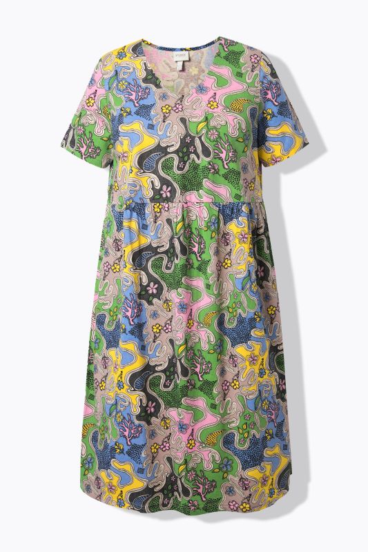 Robe midi à fleurs en coton bio, décolleté rond et manches courtes